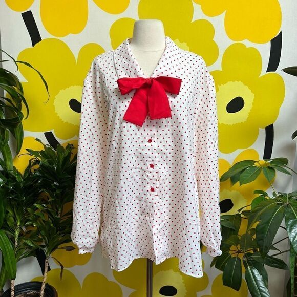 Vintage Deadstock NWT 1980s Polka Dot Pussy Bow Balloon Sleeve Button Up Blouse - Picture 1 of 9